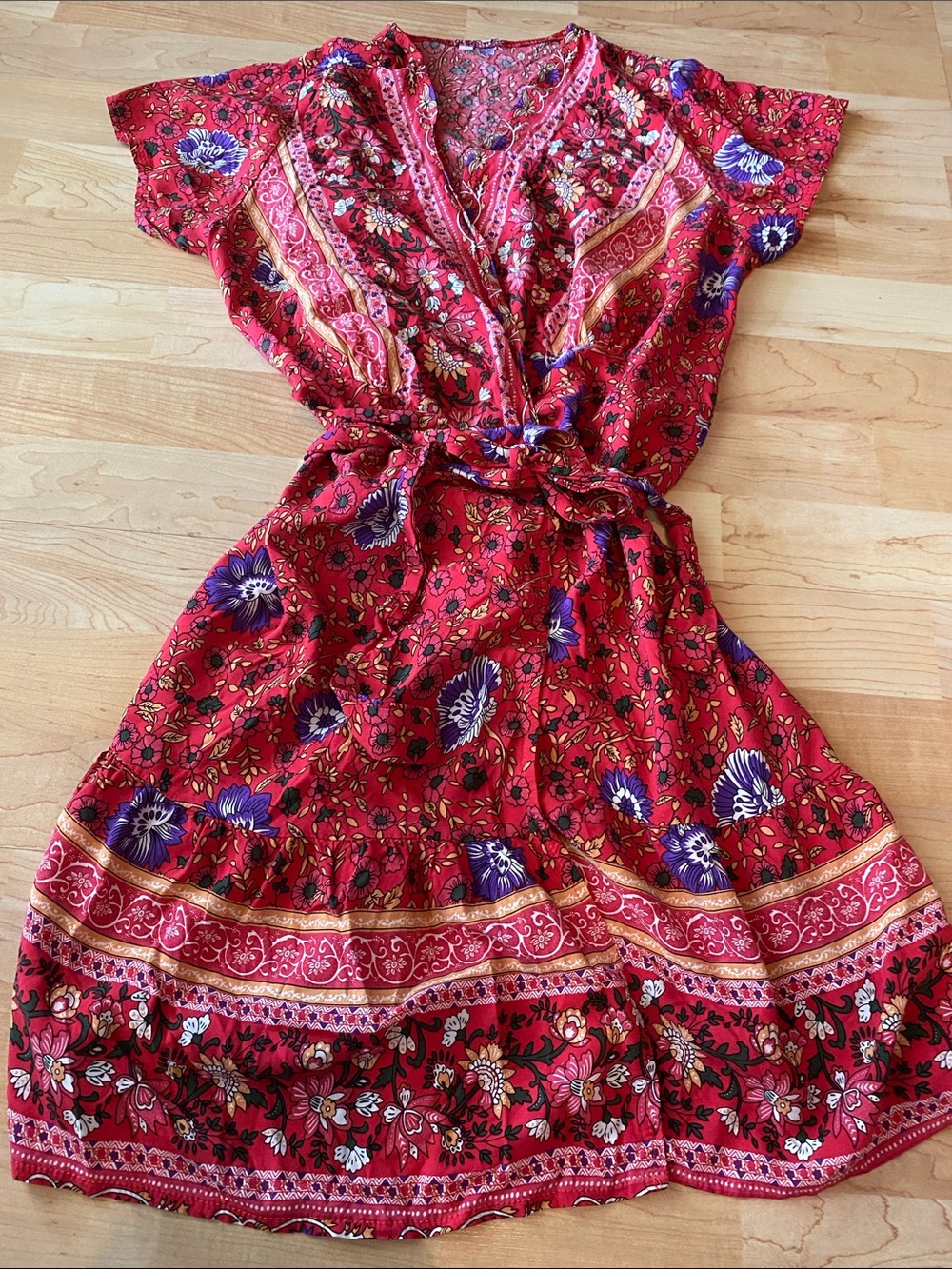 Red Floral Boho Tie-Waist wrap Dress